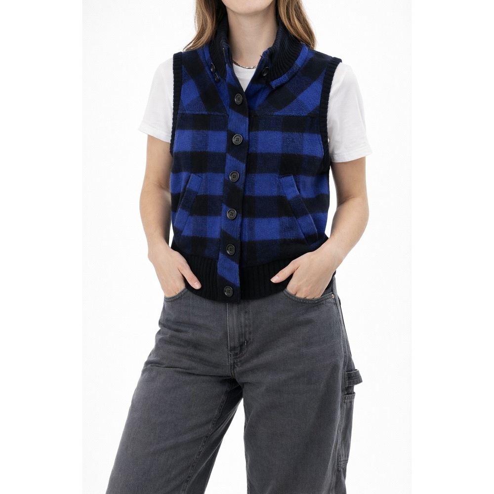 Sweater Project Buffalo Check Vest L Blue Black Plaid Button Front Puffer Lined